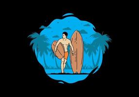 el hombre sin camisa que sostiene la ilustración de la tabla de surf vector