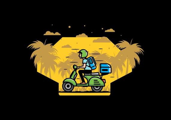 Man goes on vacation riding scooter illustration