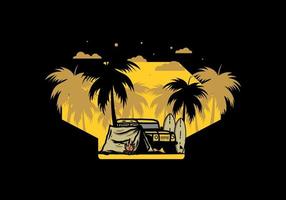 Camping on the beach with off road car vector