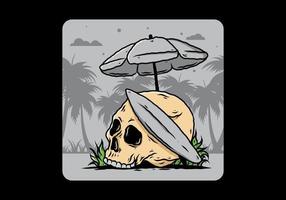 illustration of skull with surfing board under beach umbrella vector