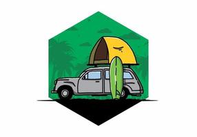 ilustración de un coche con una carpa en el techo y una tabla de surf al costado vector