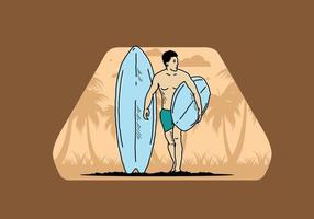 el hombre sin camisa que sostiene la ilustración de la tabla de surf vector