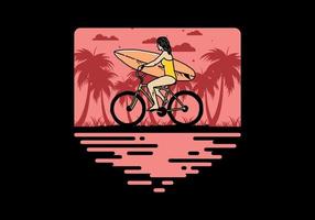 ilustración de una mujer que va a surfear en bicicleta vector