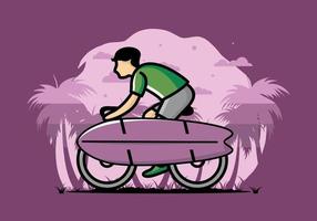 andar en bicicleta con una ilustración de tabla de surf vector