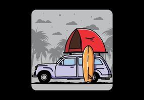 ilustración de un coche con una carpa en el techo y una tabla de surf al costado vector