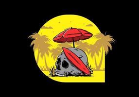 illustration of skull with surfing board under beach umbrella vector