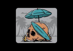 ilustración de calavera con tabla de surf bajo sombrilla de playa vector