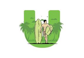 el hombre sin camisa que sostiene la ilustración de la tabla de surf vector