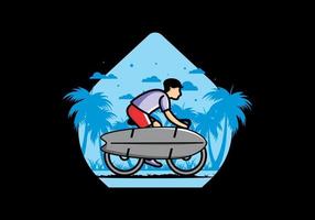 andar en bicicleta con una ilustración de tabla de surf vector