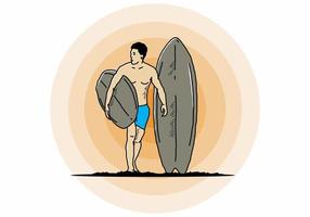 el hombre sin camisa que sostiene la ilustración de la tabla de surf vector