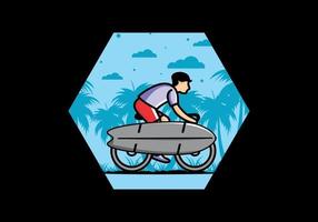 andar en bicicleta con una ilustración de tabla de surf vector