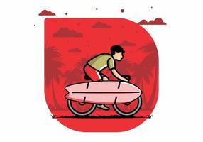 andar en bicicleta con una ilustración de tabla de surf vector