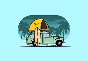 ilustración de un coche con una carpa en el techo y una tabla de surf al costado vector