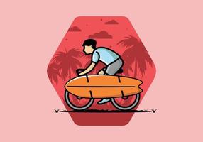 andar en bicicleta con una ilustración de tabla de surf vector