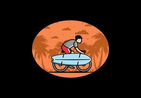 Ride a bike with a surf board illustration vector