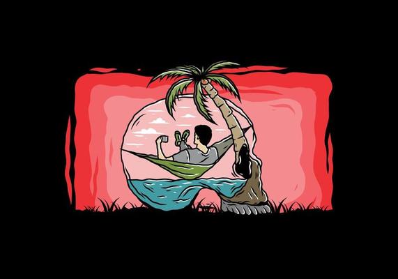 Man on hammock in skull shape illustration