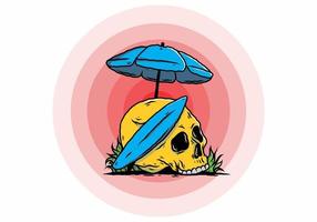 illustration of skull with surfing board under beach umbrella vector