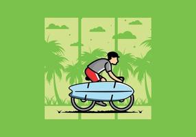 andar en bicicleta con una ilustración de tabla de surf vector