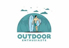 The shirtless man holding surfboard illustration vector