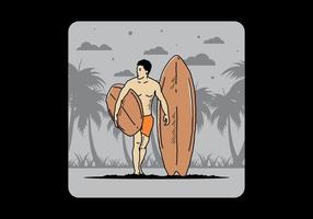 el hombre sin camisa que sostiene la ilustración de la tabla de surf vector