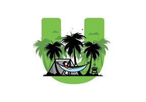 Tent and hammock with coconut trees illustration vector