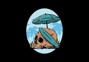 ilustración de calavera con tabla de surf bajo sombrilla de playa vector