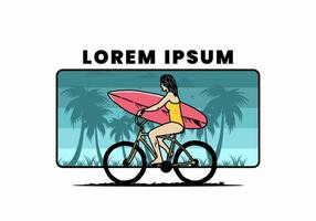 illustration of a woman going surfing on a bicycle vector