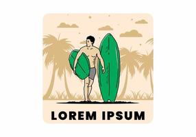 The shirtless man holding surfboard illustration vector