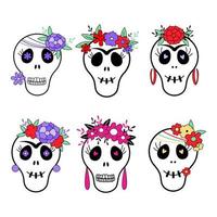 Funny skull with flowers. Cinco de Mayo bright colors. Mexican fiesta, greeting card, holiday poster, banner. Vector illustration.
