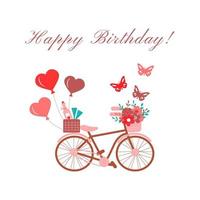 Happy Birthday beautiful greeting card with bicycle, baloon, wine, heart. Vector illustration