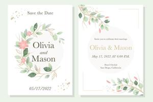 Wedding invitation cards template with watercolor floral decoration. Hand draw floral frame and green watercolor textured. Vector.