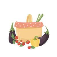 Picnic basket. Vegetables in a picnic basket, barbecue. Cooking on fire. vector