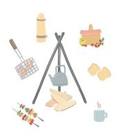 Picnic set. Bonfire, grill, thermos, barbecue, cooking on the fire. Picnic in the forest. vector