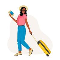 Traveling young Woman. Girl with a Suitcase and a passport with boarding pass tickets. Vector flat illustration. Travel concept.