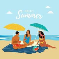 grupo de amigos en el mar. picnic en la playa. jóvenes en trajes de baño. la gente se relaja en la playa, charla y come sandía. ilustración de vector plano de verano.