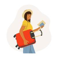 mujer con maleta se va de vacaciones, concepto de viaje. ilustración vectorial plana. vector