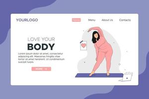 Attractive Overweight Woman doing Yoga. Concept of love for your Body, Body Positive and healthy lifestyle. Landing page, vector illustration. Hand drawn in thin Line style.