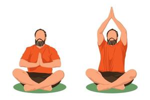 hombre barbudo sentado en posición de loto. conjunto de 2 ejercicios de yoga. personaje aislado haciendo ejercicios de yoga para la salud mental y física. concepto de yoga, meditación y relax. estilo sin rostro, vector. vector