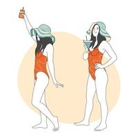 Girl with different fruit Cocktails in their hands. Girl in Swimsuit posing on the beach. Summer beach Party. Summer vacation, Retro style. Hand drawn in thin Line style, vector illustration.