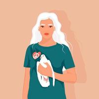 Woman is holding a Dove in her hand. International Day of Peace.  Peace on earth, stop war. Flat vector illustration.