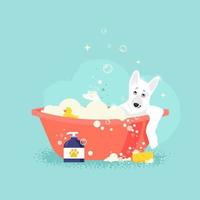 Vector cartoon style illustration of a cute Dog taking a Bath full of soapy suds. Yellow rubber duck in the Bathroom. Grooming concept. Flat Cartoon Style. Vector illustration.