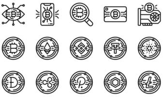 Set of Vector Icons Related to Cryptocurrency. Contains such Icons as Smartphone, Search, Credit Card, Graphic Card, Bitcoin, Ethereum and more.