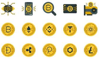 conjunto de iconos vectoriales relacionados con la criptomoneda. contiene íconos como teléfono inteligente, búsqueda, tarjeta de crédito, tarjeta gráfica, bitcoin, ethereum y más. vector