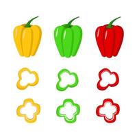 conjunto de pimientos búlgaros y rodajas. ilustración de vector de pimiento dulce de color aislado en blanco