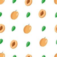 seamless pattern Set of apricots whole with a leaf, half an apricot with a stone and a slice. Vector illustration of ripe delicious berries.