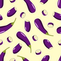 Seamless pattern Eggplant whole and half. Vector illustration of ripe vegetables