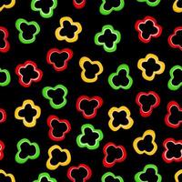 Seamless pattern of colored sweet pepper slices on a black background. Vector illustration of vegetables