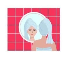 A young woman with a towel on her head is reflected in the bathroom mirror. Vector illustration of the concept of beauty, hygiene