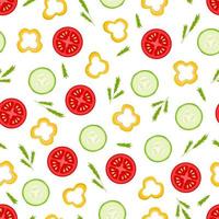 Seamless pattern of fresh slices of tomato cucumber and pepper slices, vector illustration of the concept of a healthy salad vitamins