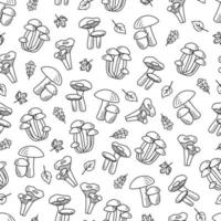 Seamless Pattern Doodle mushroom icons vector. Illustration of boletus, chanterelles, honey agaric, champignons, aspen mushroom and russula vector